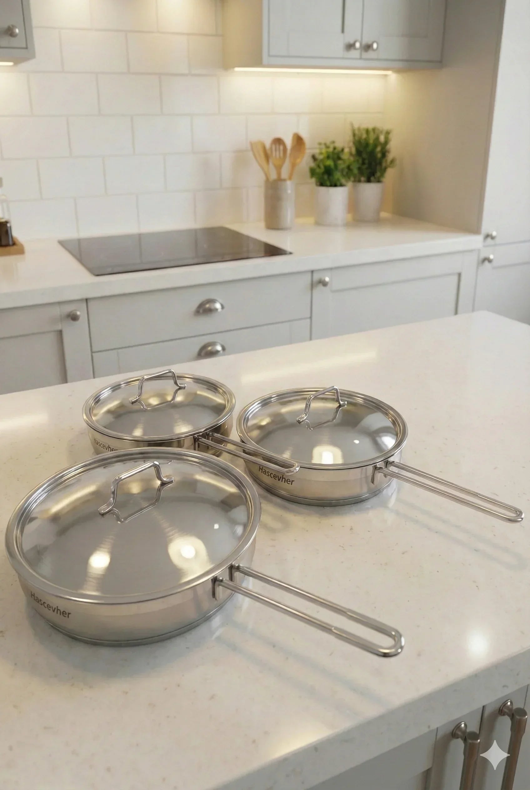 طقم 3 مقالي بالغطاء Hascevher INOX 18/10